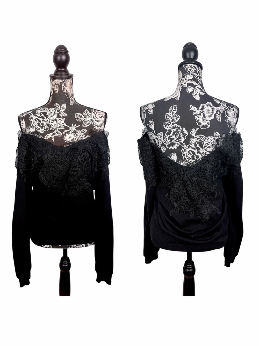 June & Ivy black off shoulder lace appliqué long sleeve sweater size XL